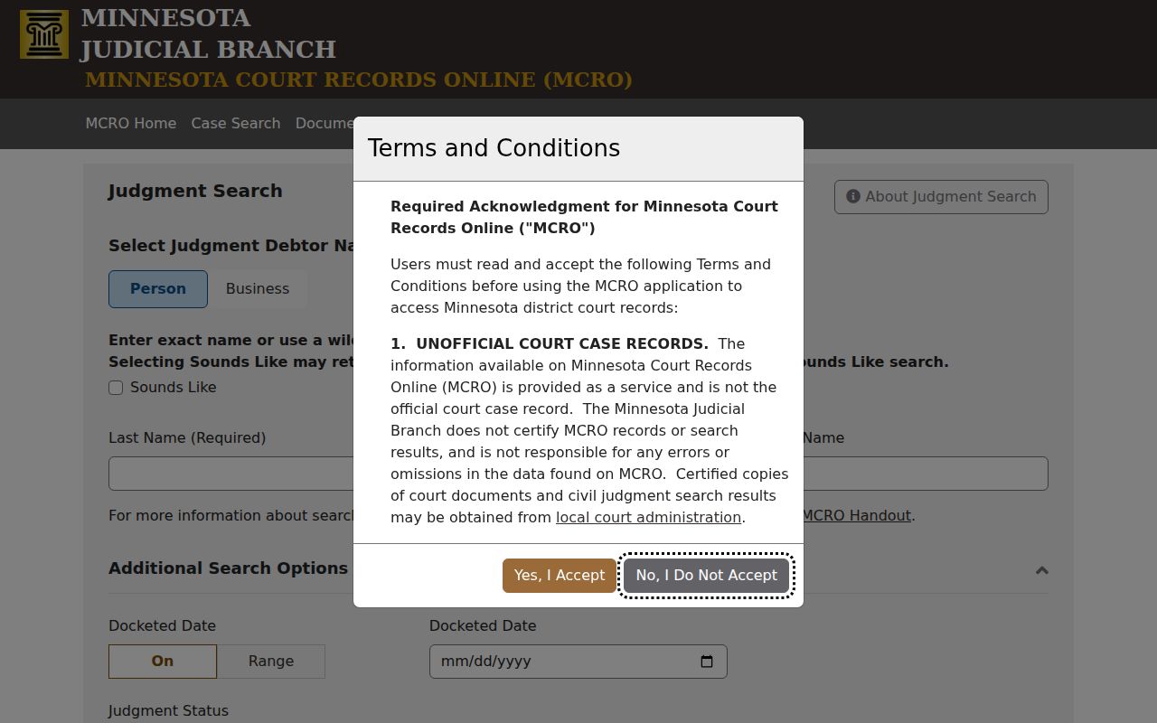 Itasca County court calendar related MCRO judgment search screen