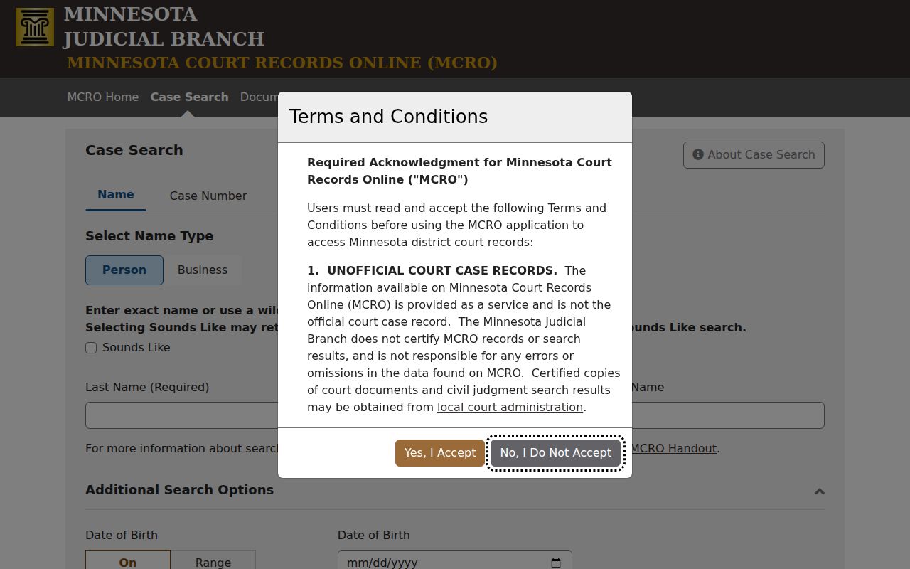 Itasca criminal docket MCRO Case Search screen