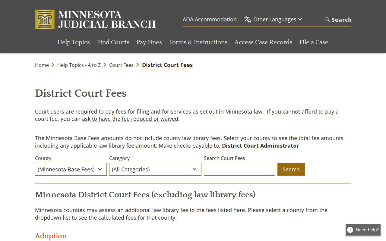 Itasca County court records Minnesota court fees page