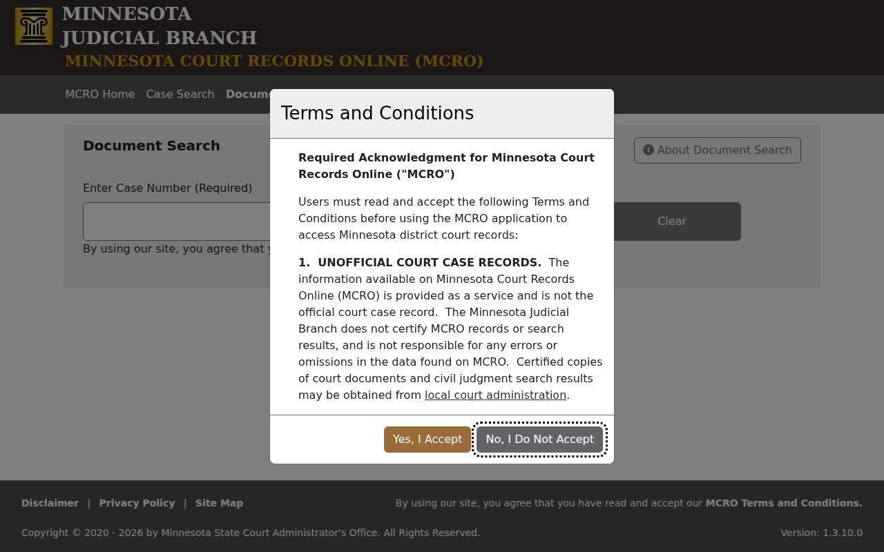 Itasca case search MCRO Document Search screen